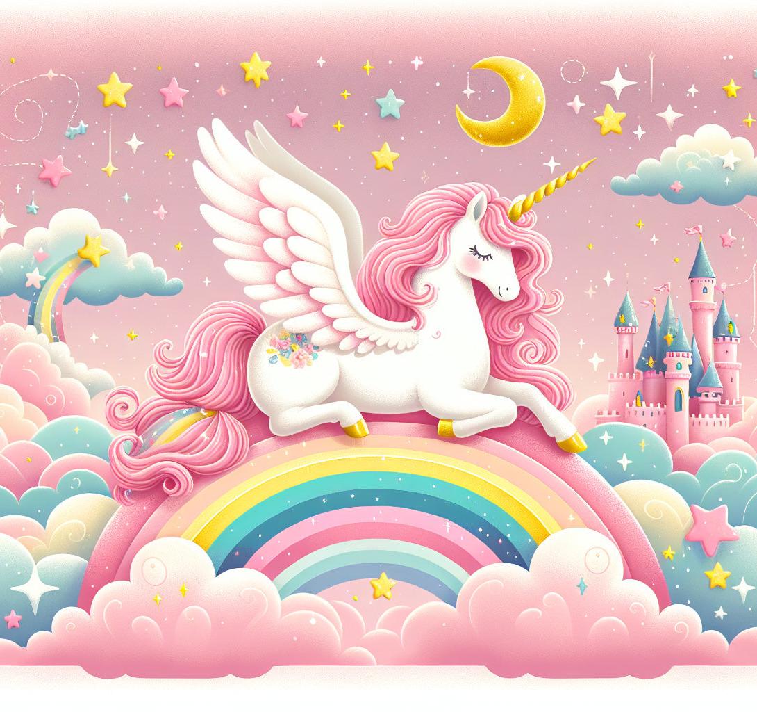 Papier peint arc-en-ciel licorne et château rose
