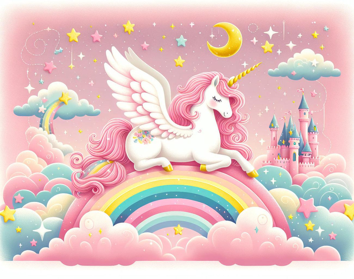 Papier peint arc-en-ciel licorne et château rose
