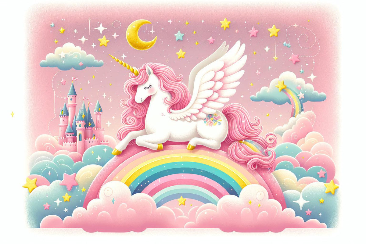 Papier peint arc-en-ciel licorne et château rose