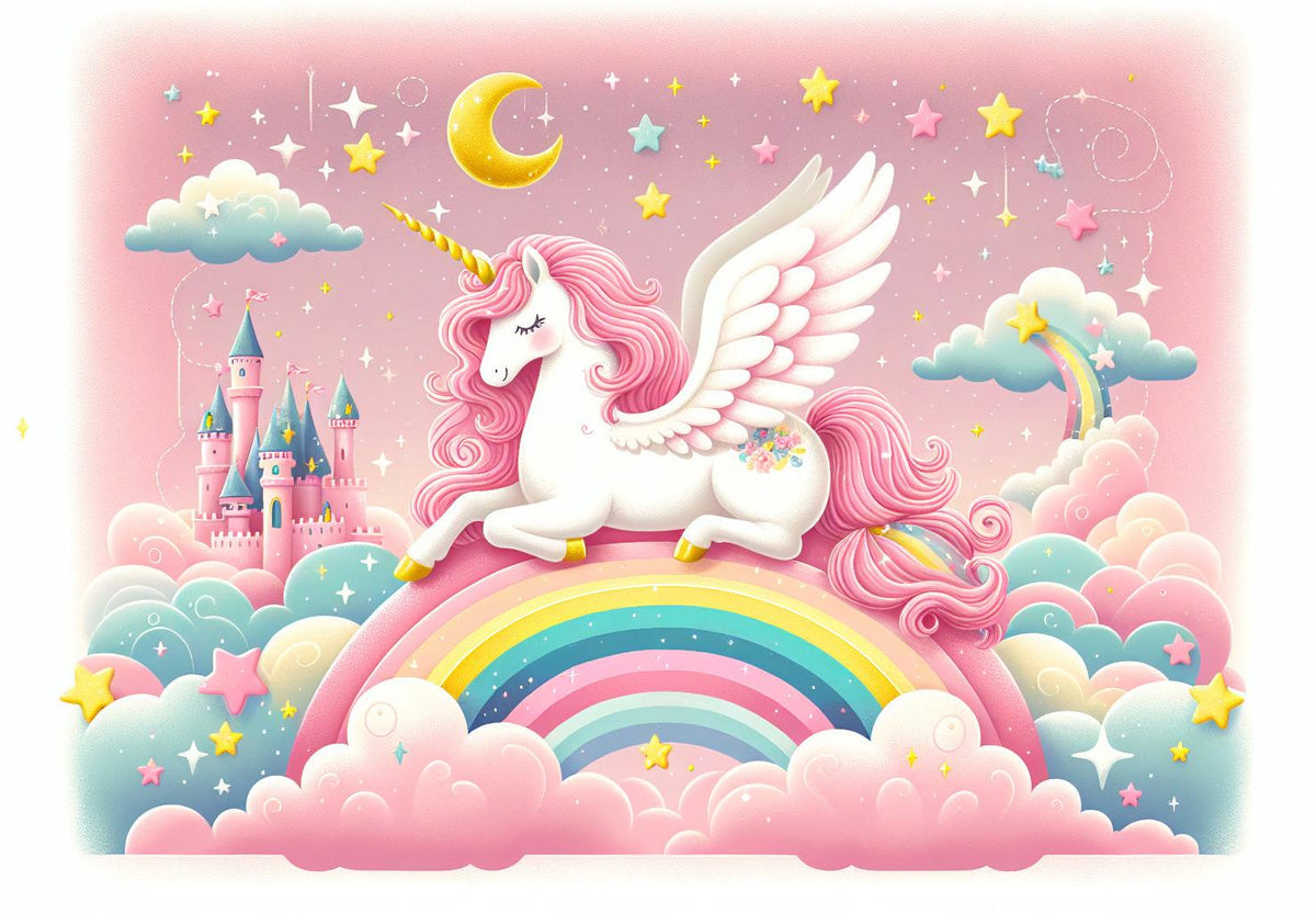 Papier peint arc-en-ciel licorne et château rose