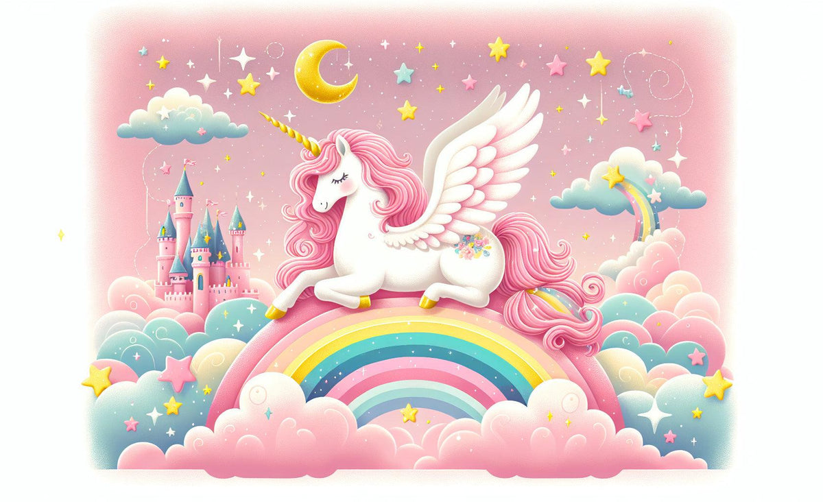 Papier peint arc-en-ciel licorne et château rose