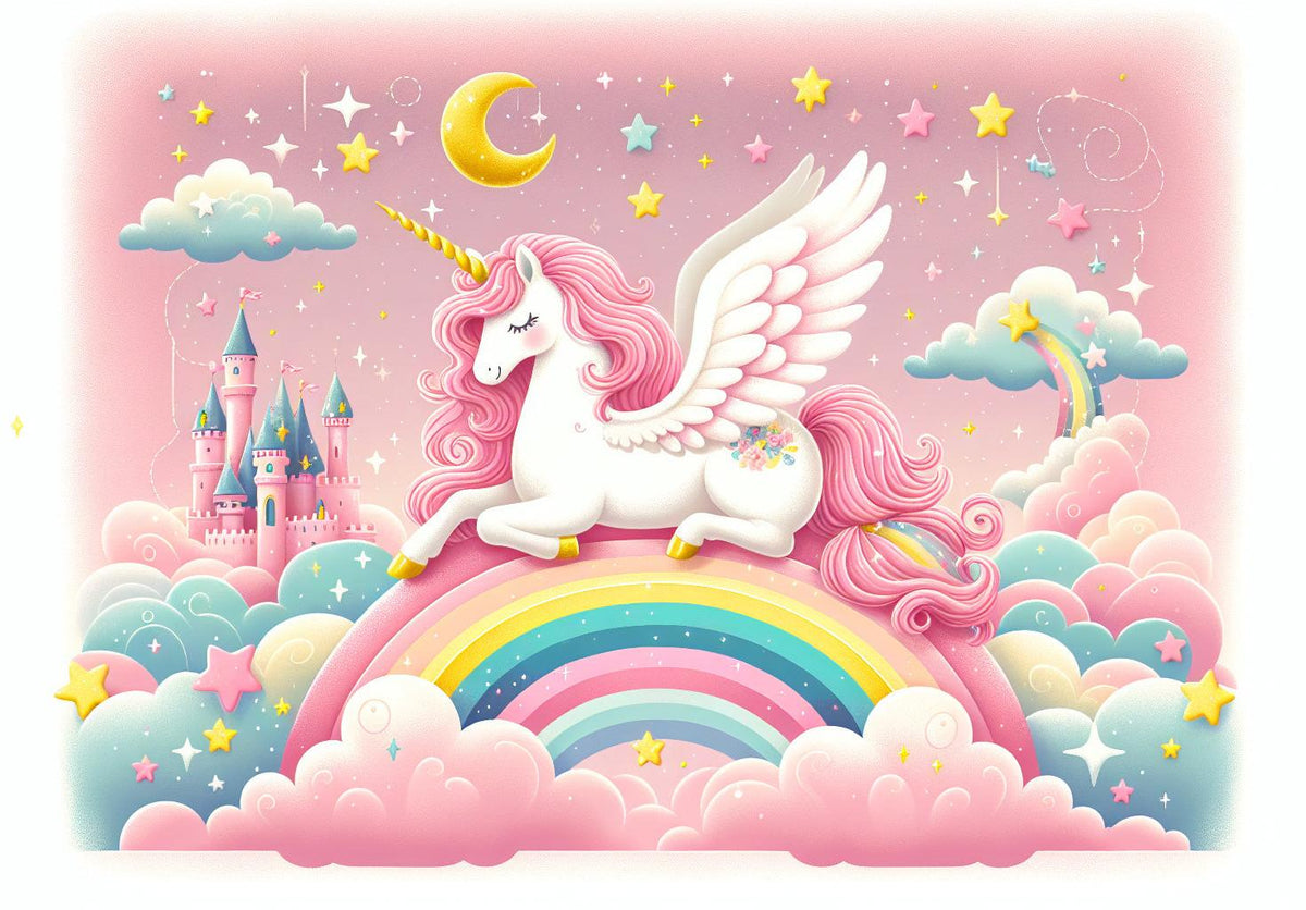 Papier peint arc-en-ciel licorne et château rose