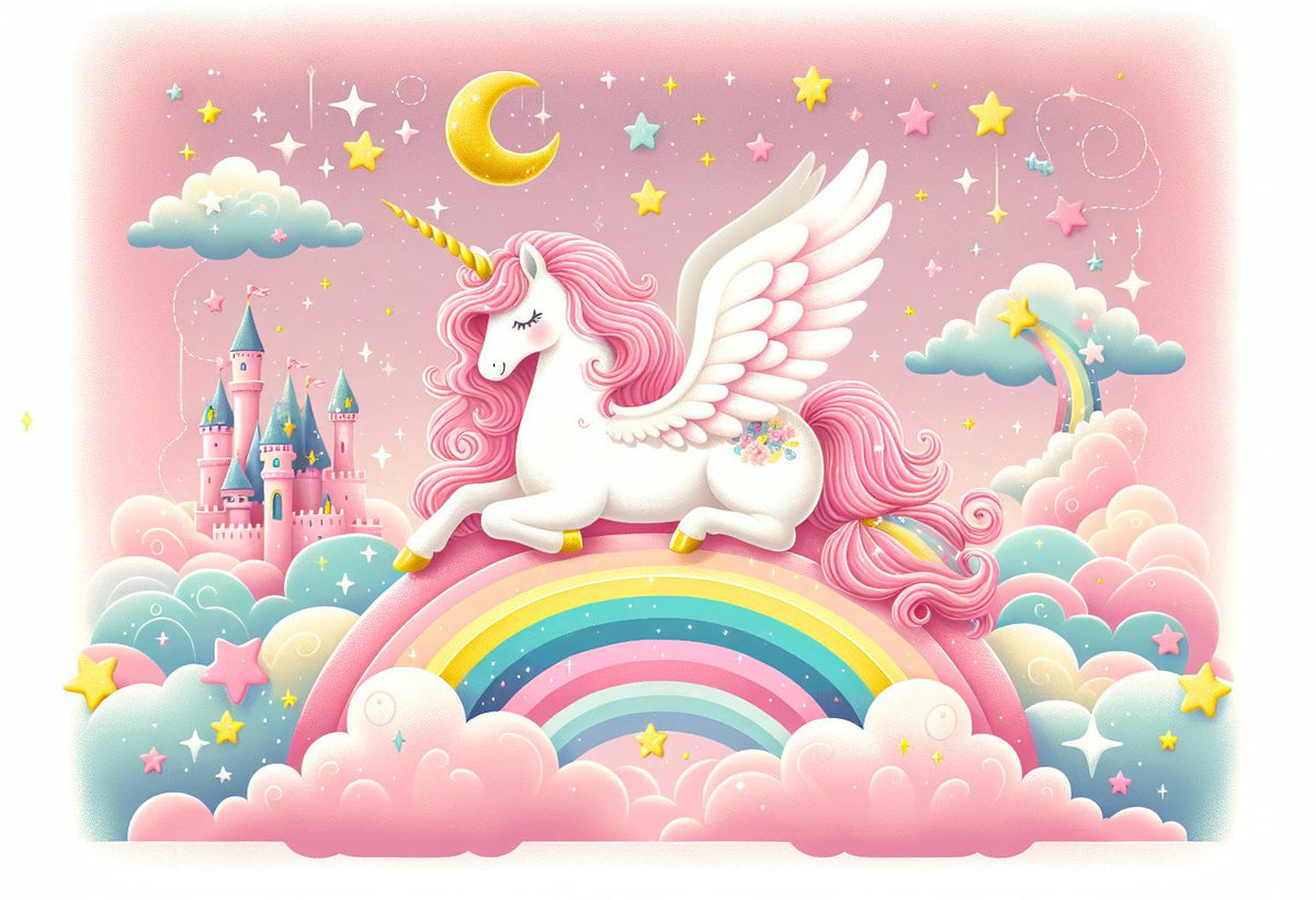 Papier peint arc-en-ciel licorne et château rose