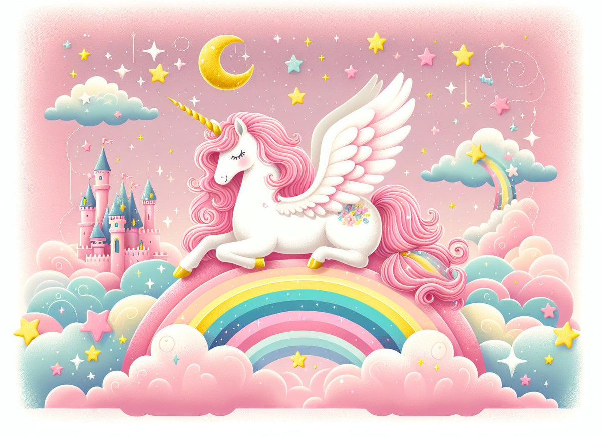 Papier peint arc-en-ciel licorne et château rose