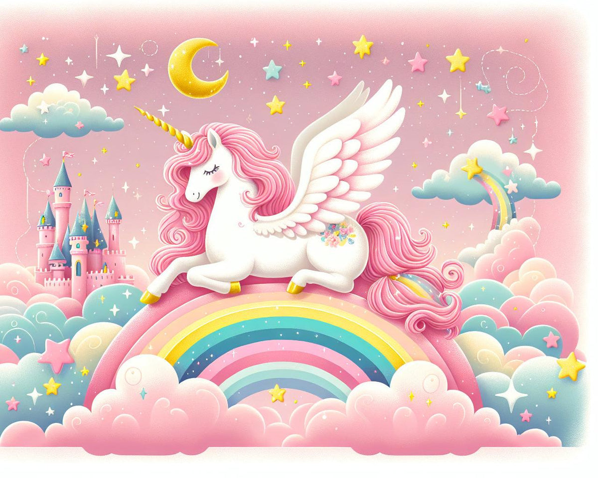 Papier peint arc-en-ciel licorne et château rose