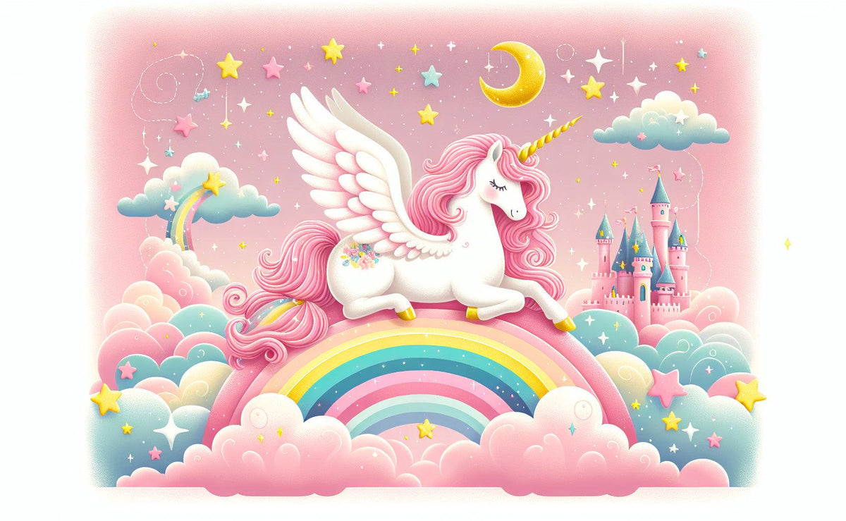 Papier peint arc-en-ciel licorne et château rose