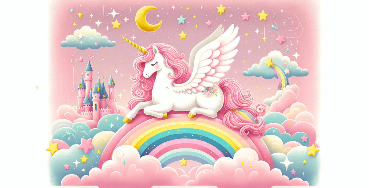 Papier peint arc-en-ciel licorne et château rose