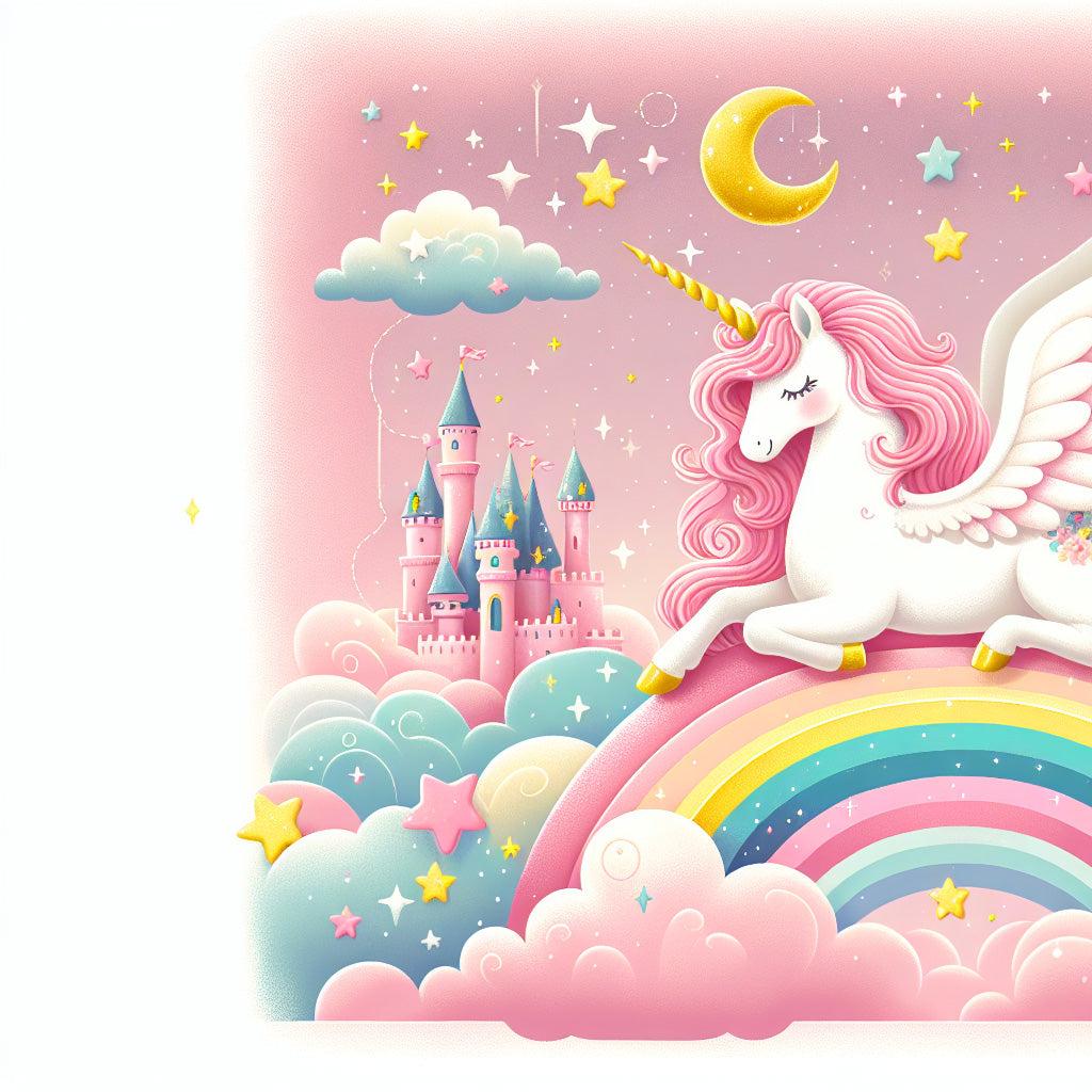 Papier peint arc-en-ciel licorne et château rose