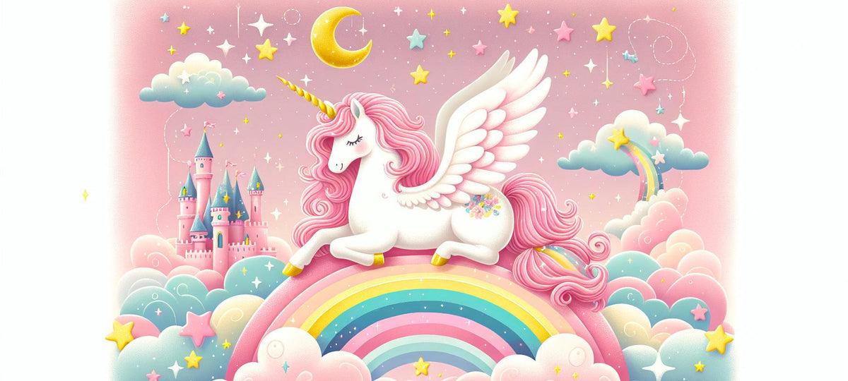 Papier peint arc-en-ciel licorne et château rose