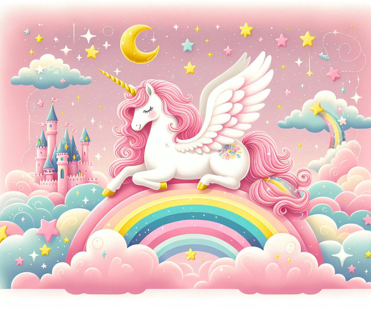 Papier peint arc-en-ciel licorne et château rose