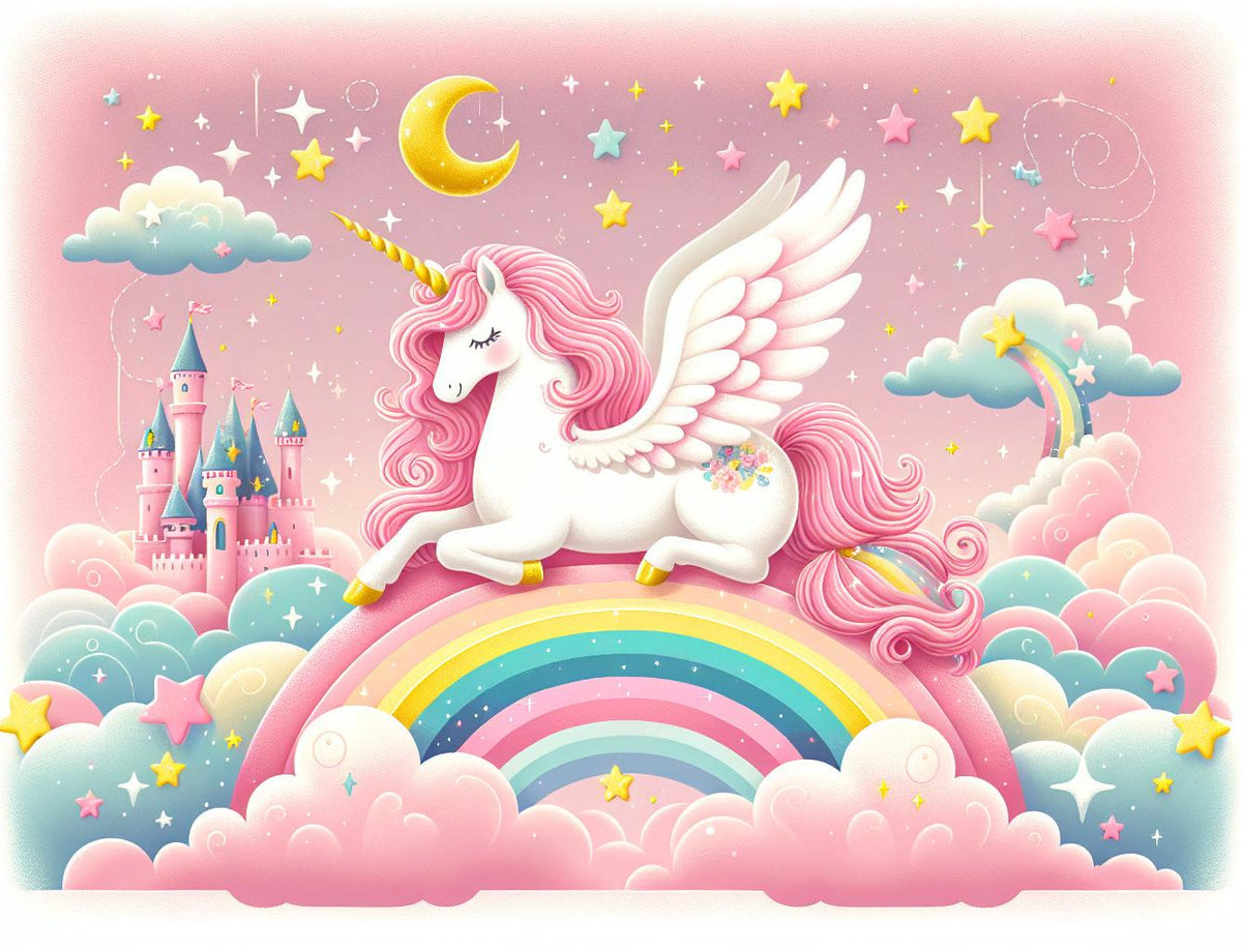 Papier peint arc-en-ciel licorne et château rose