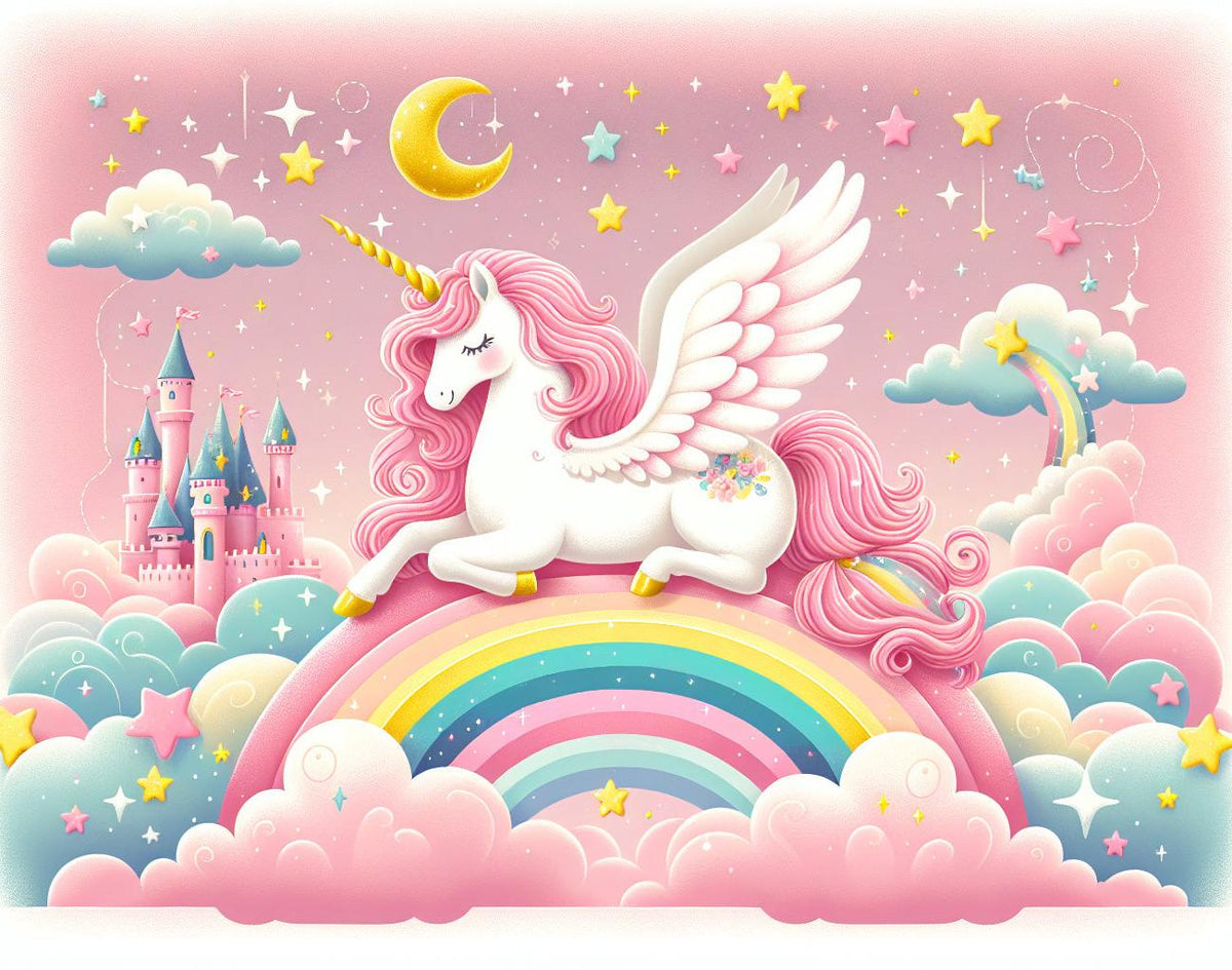 Papier peint arc-en-ciel licorne et château rose