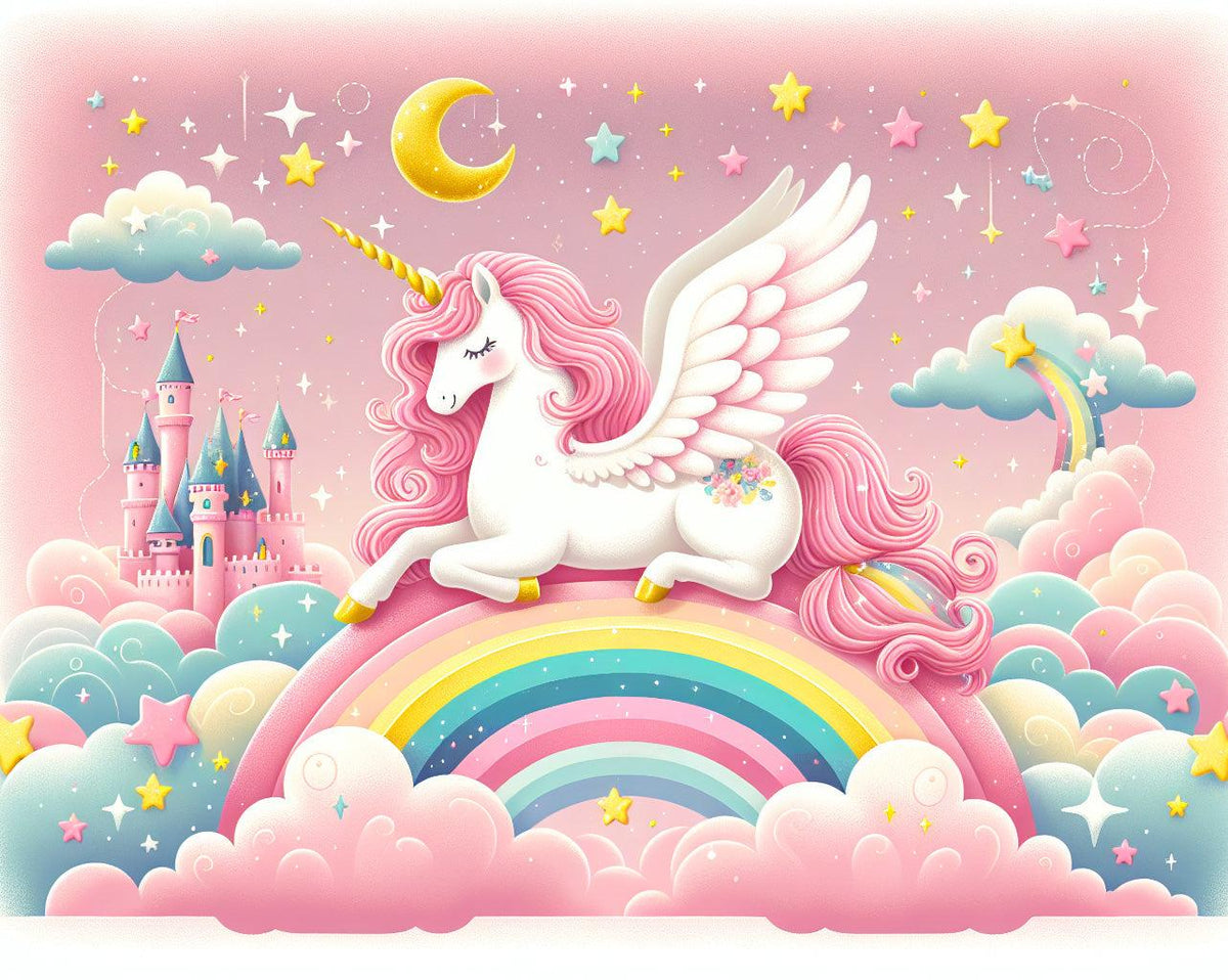 Papier peint arc-en-ciel licorne et château rose