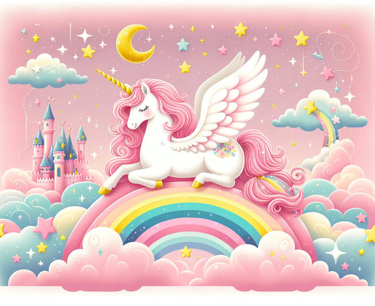 Papier peint arc-en-ciel licorne et château rose