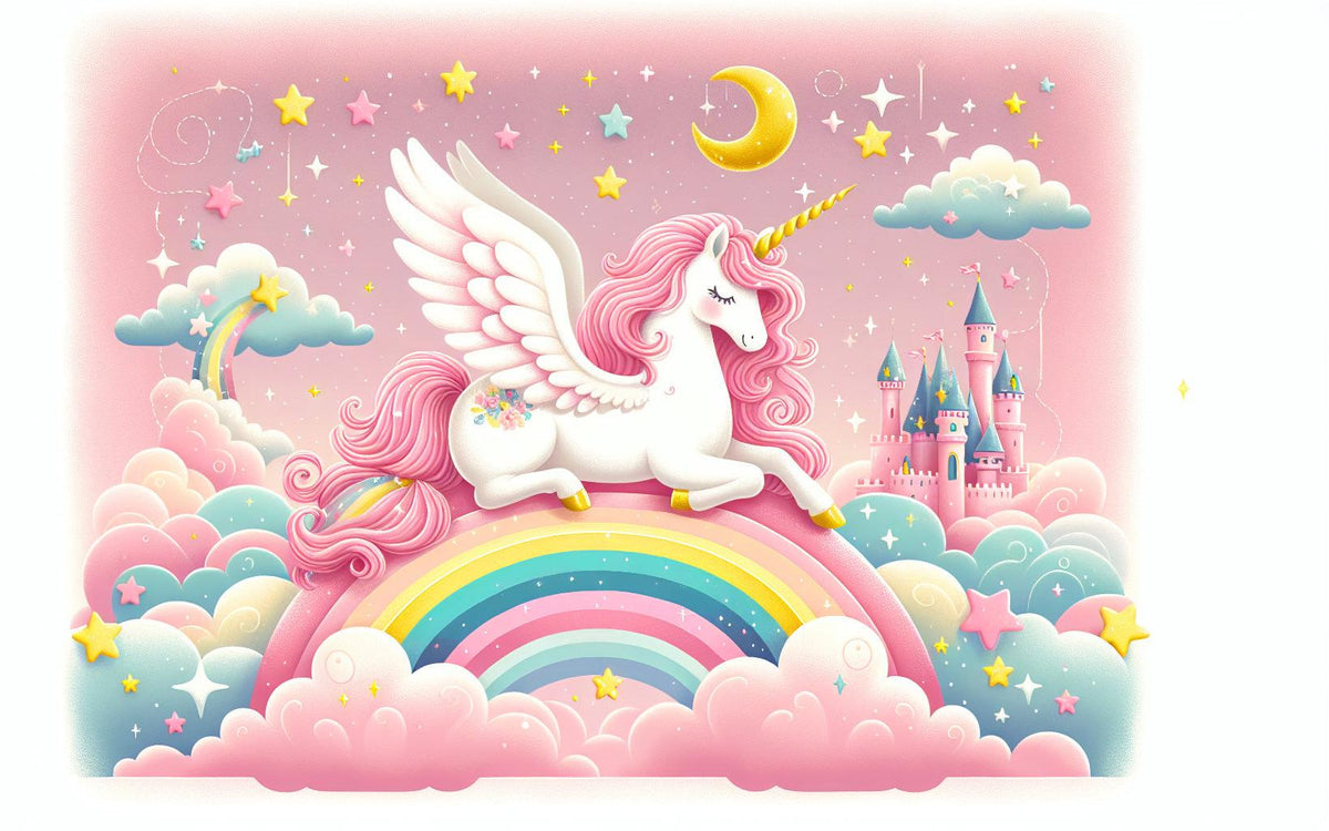 Papier peint arc-en-ciel licorne et château rose