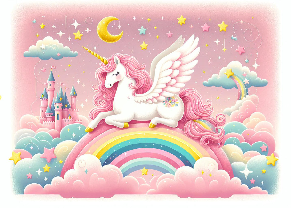 Papier peint arc-en-ciel licorne et château rose