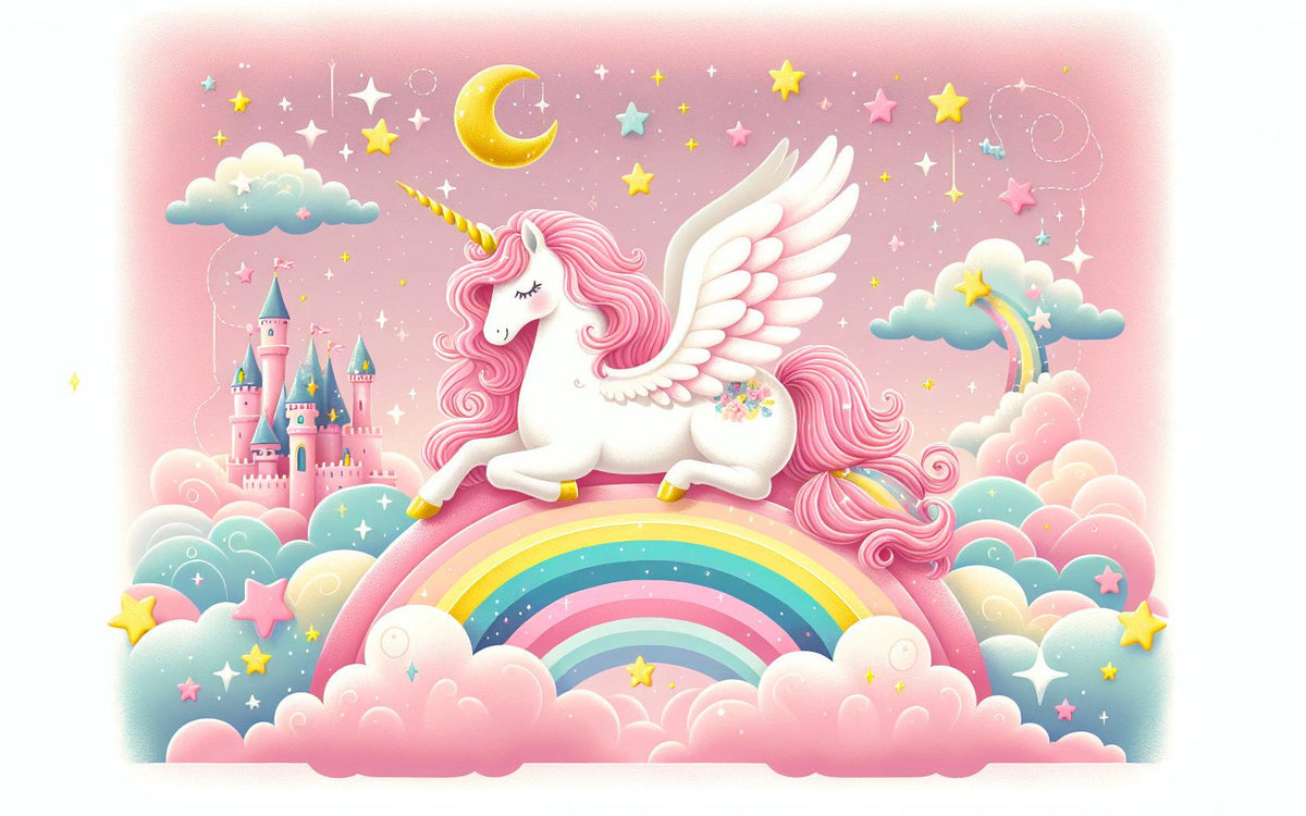 Papier peint arc-en-ciel licorne et château rose