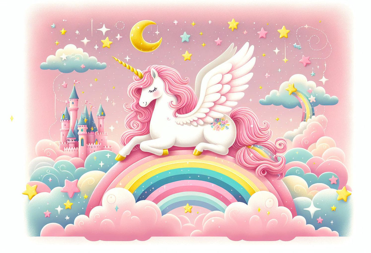 Papier peint arc-en-ciel licorne et château rose
