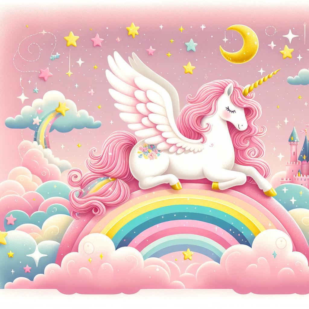 Papier peint arc-en-ciel licorne et château rose