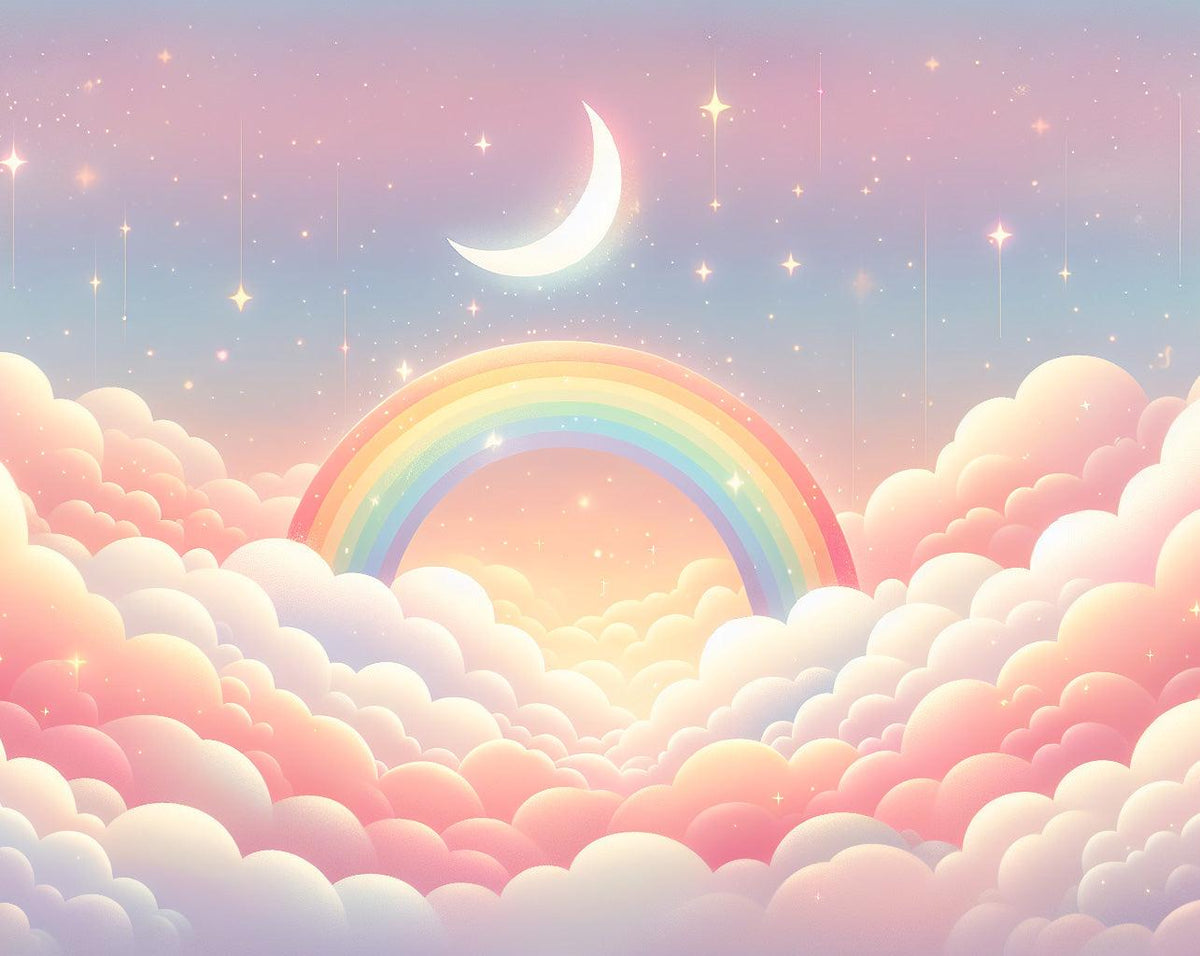 Papier peint arc-en-ciel nuages roses et étoiles