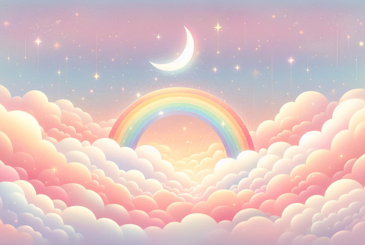 Papier peint arc-en-ciel nuages roses et étoiles