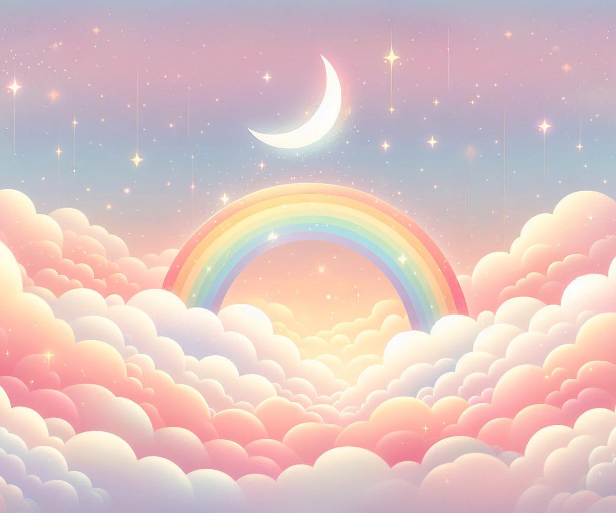 Papier peint arc-en-ciel nuages roses et étoiles