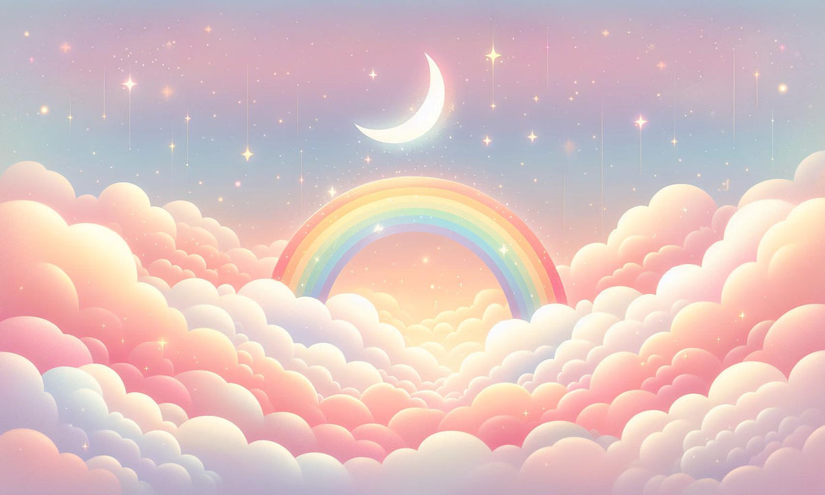 Papier peint arc-en-ciel nuages roses et étoiles