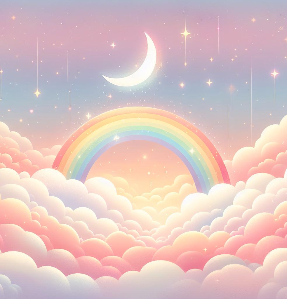 Papier peint arc-en-ciel nuages roses et étoiles