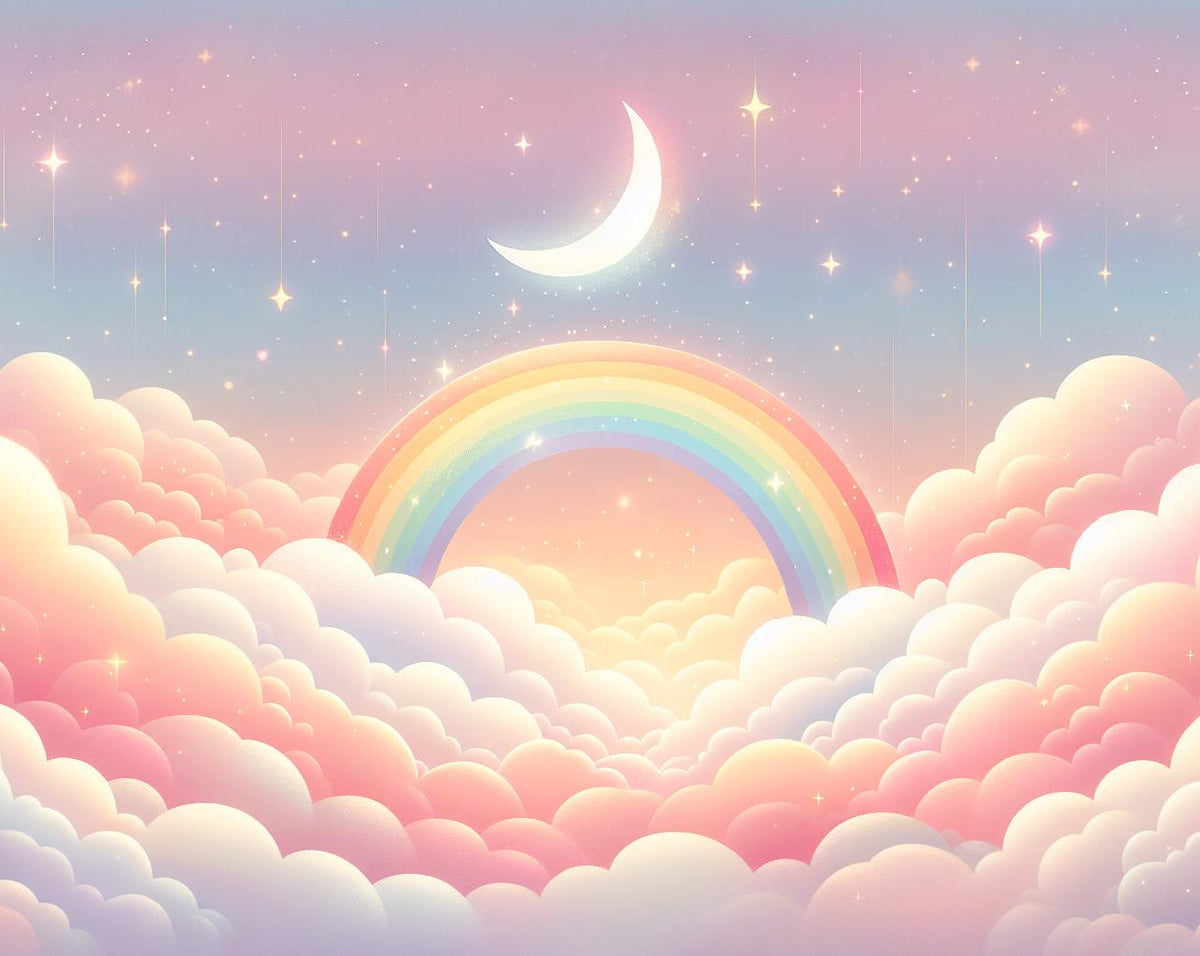 Papier peint arc-en-ciel nuages roses et étoiles