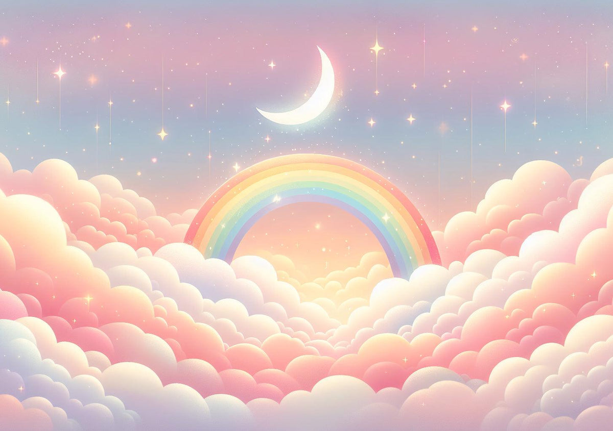 Papier peint arc-en-ciel nuages roses et étoiles
