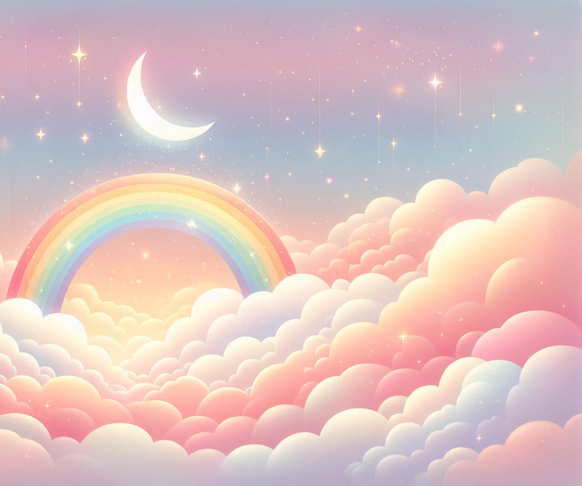 Papier peint arc-en-ciel nuages roses et étoiles