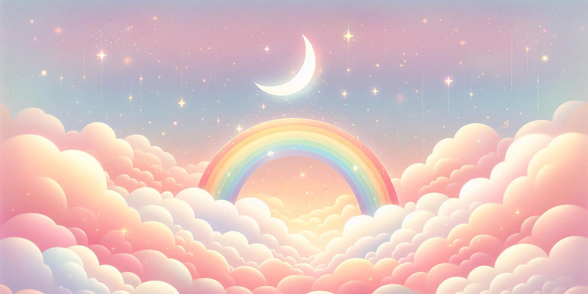 Papier peint arc-en-ciel nuages roses et étoiles