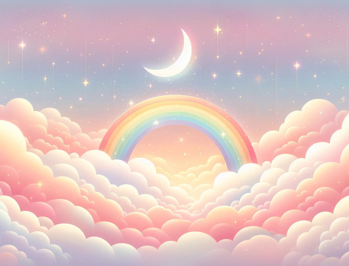 Papier peint arc-en-ciel nuages roses et étoiles