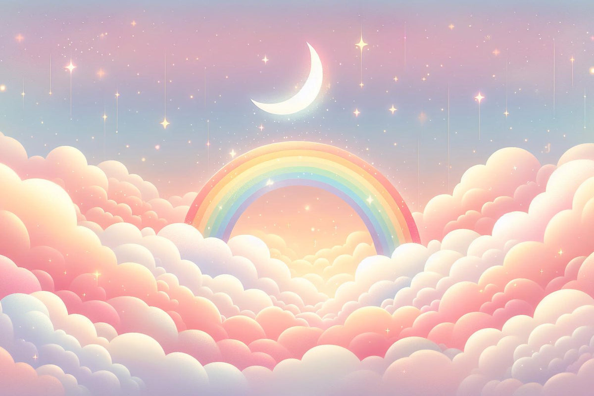 Papier peint arc-en-ciel nuages roses et étoiles