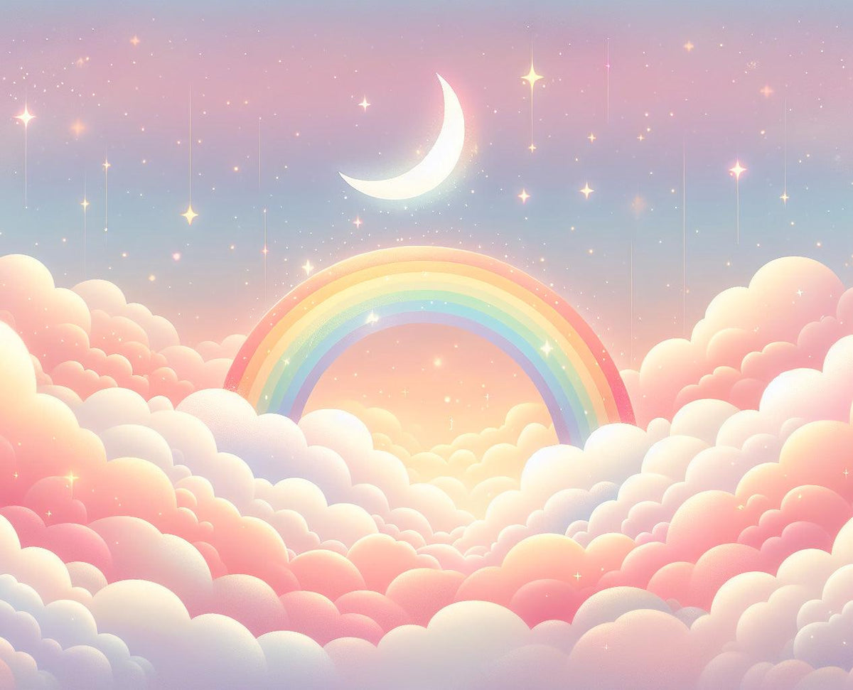 Papier peint arc-en-ciel nuages roses et étoiles