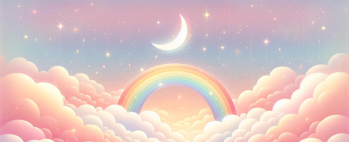 Papier peint arc-en-ciel nuages roses et étoiles