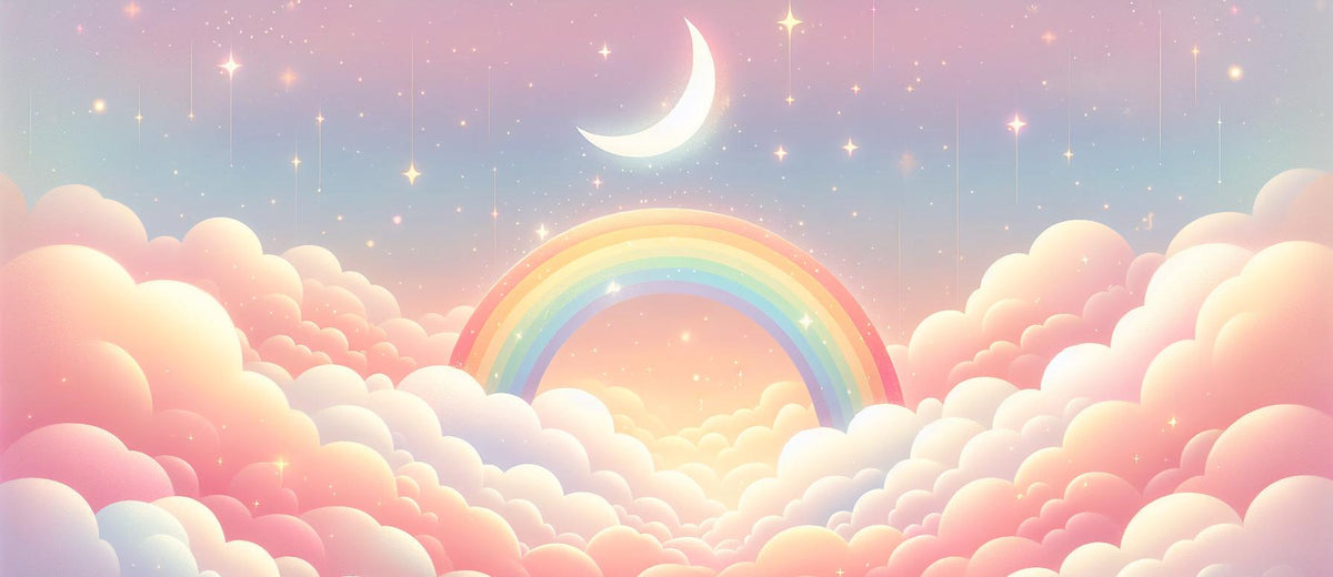 Papier peint arc-en-ciel nuages roses et étoiles