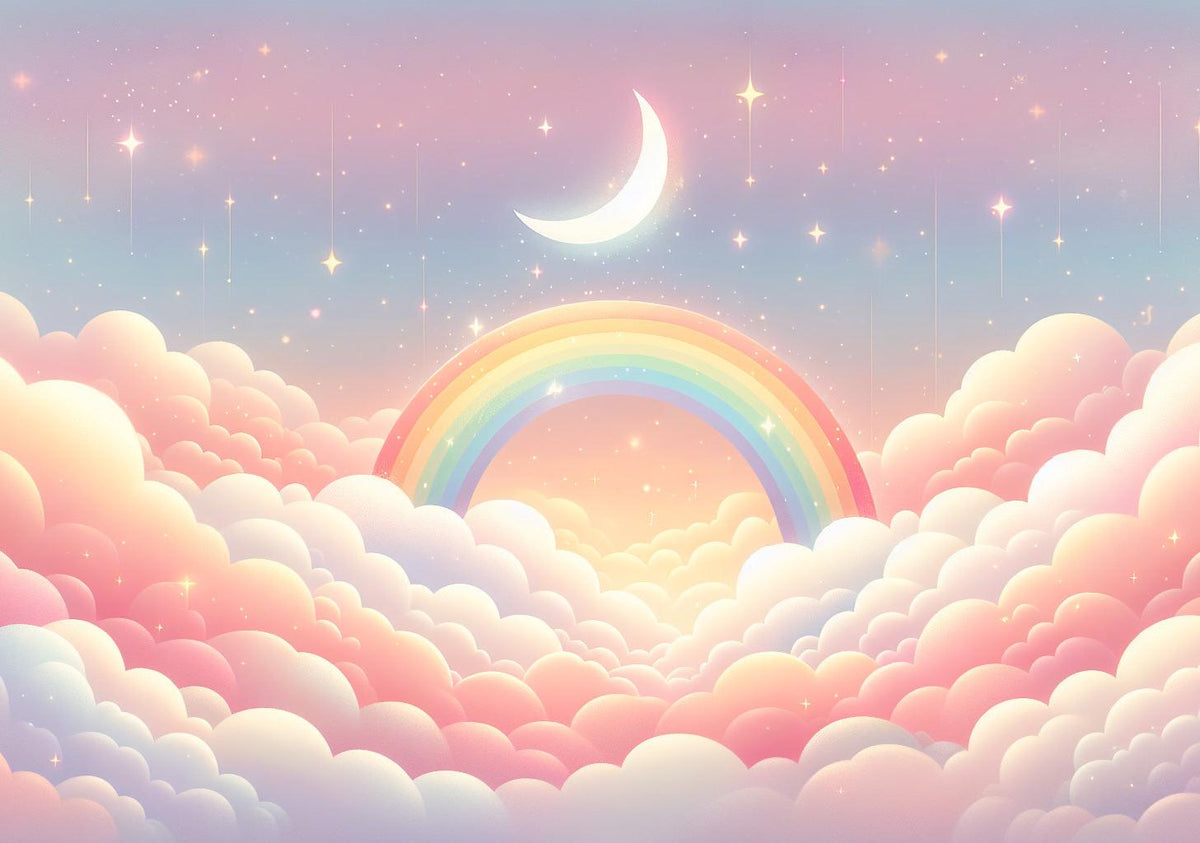 Papier peint arc-en-ciel nuages roses et étoiles