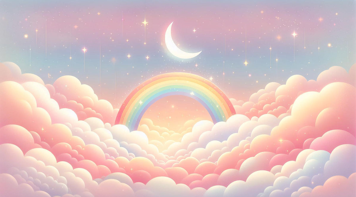 Papier peint arc-en-ciel nuages roses et étoiles