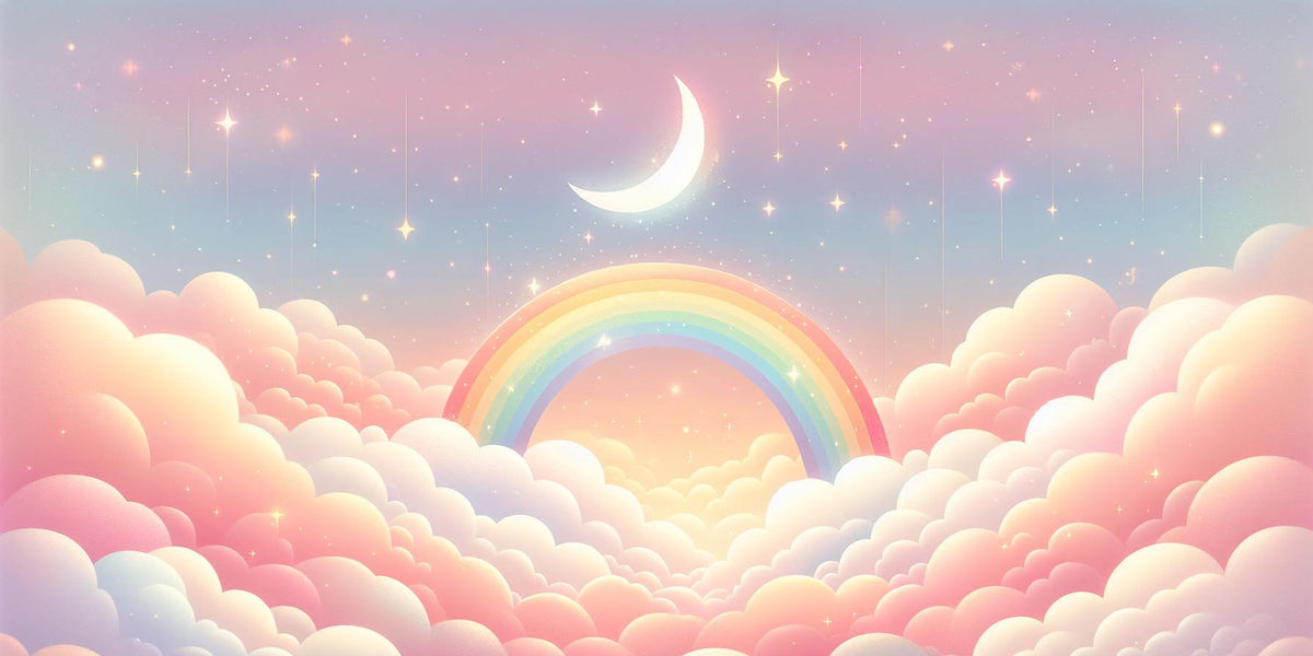 Papier peint arc-en-ciel nuages roses et étoiles