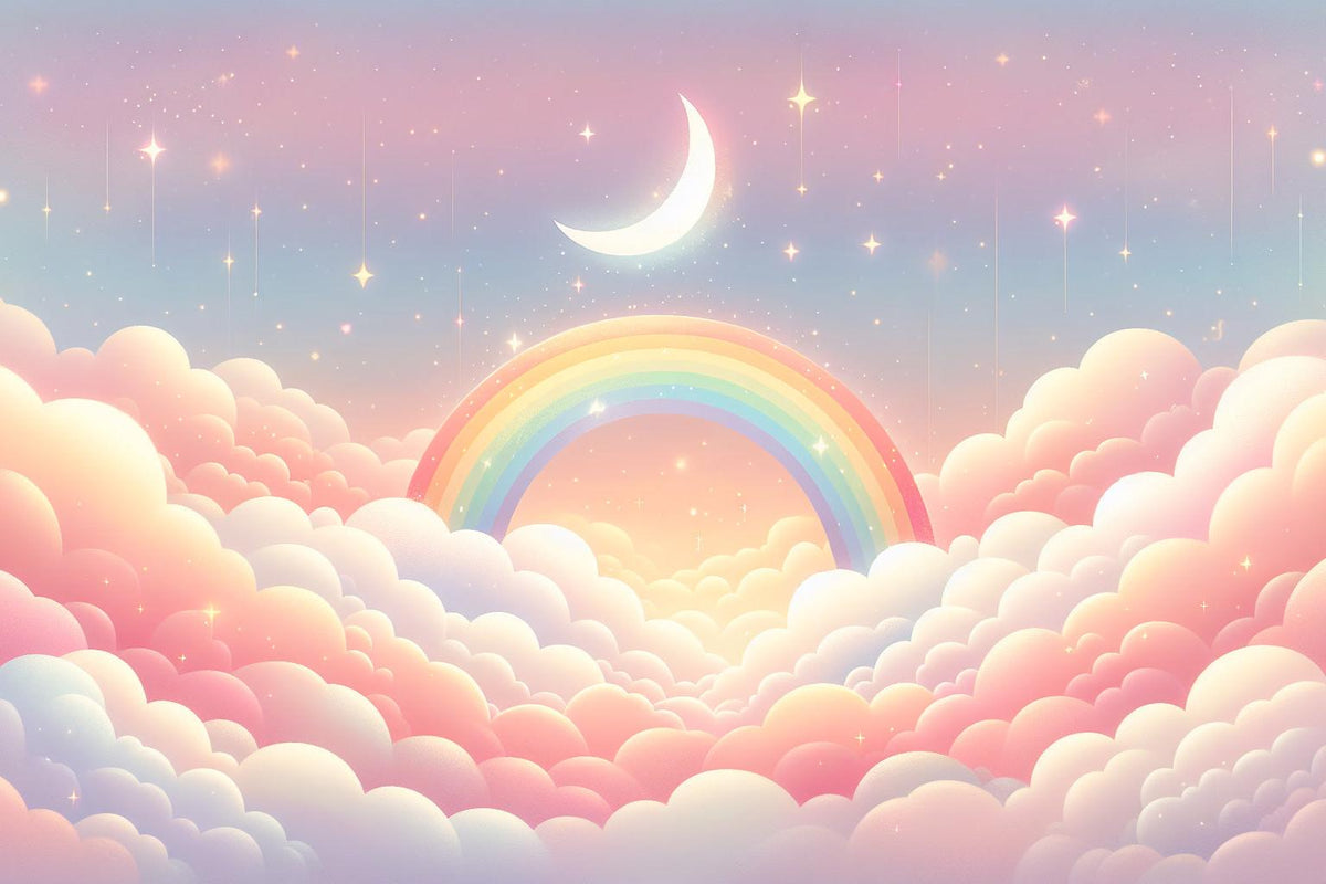 Papier peint arc-en-ciel nuages roses et étoiles