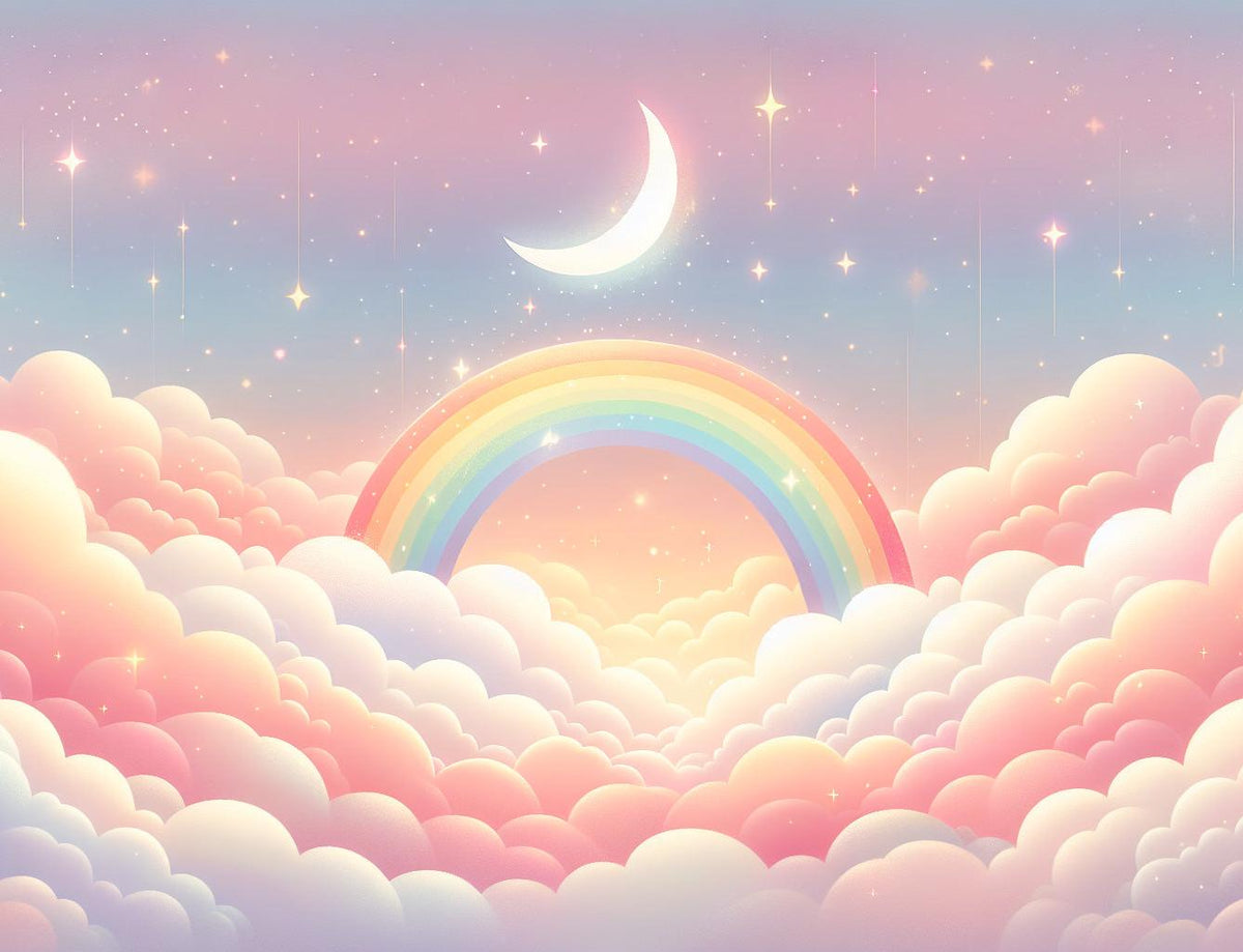 Papier peint arc-en-ciel nuages roses et étoiles