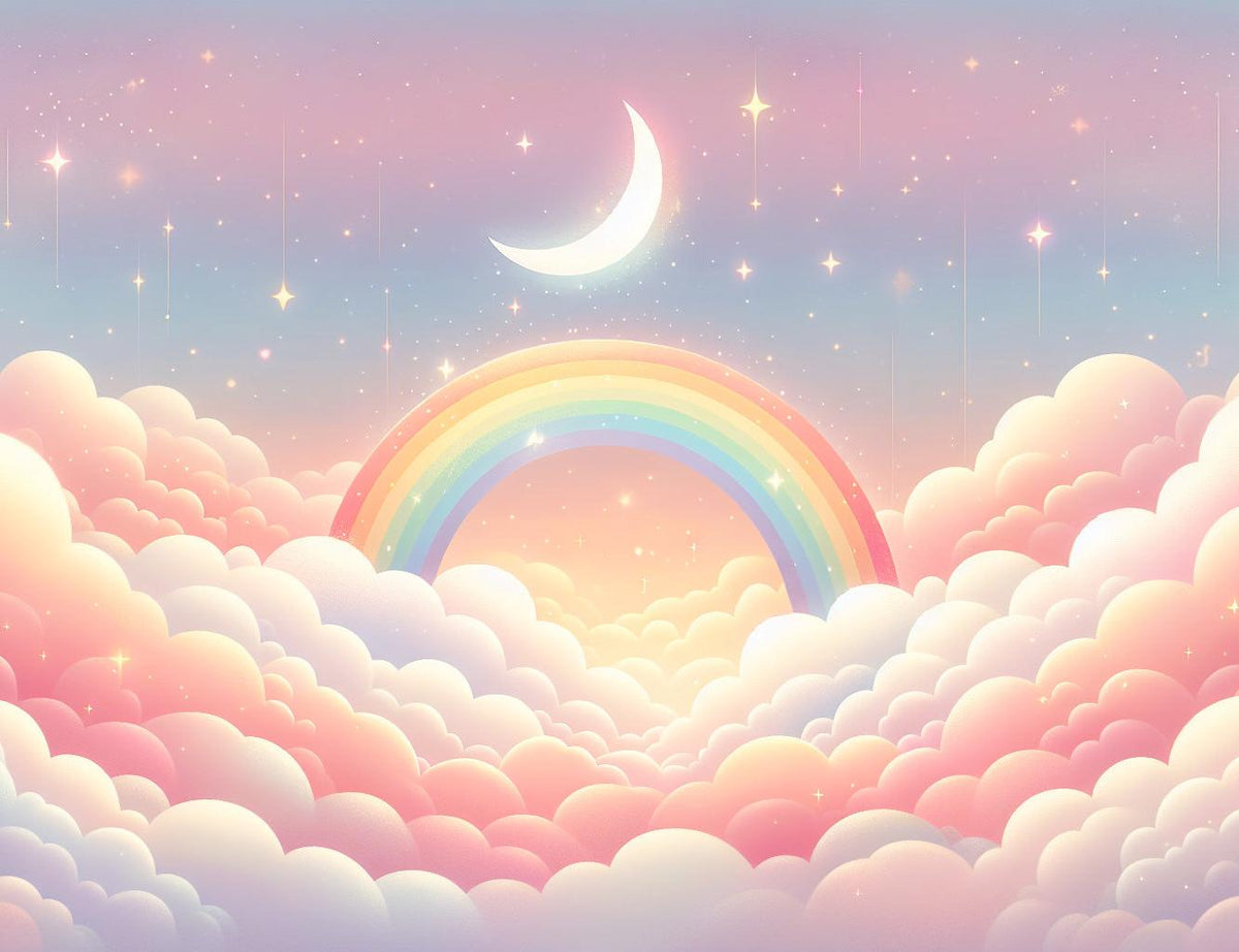 Papier peint arc-en-ciel nuages roses et étoiles