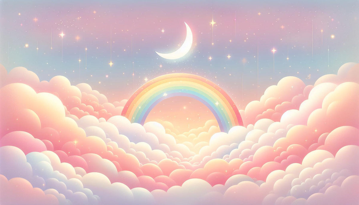 Papier peint arc-en-ciel nuages roses et étoiles
