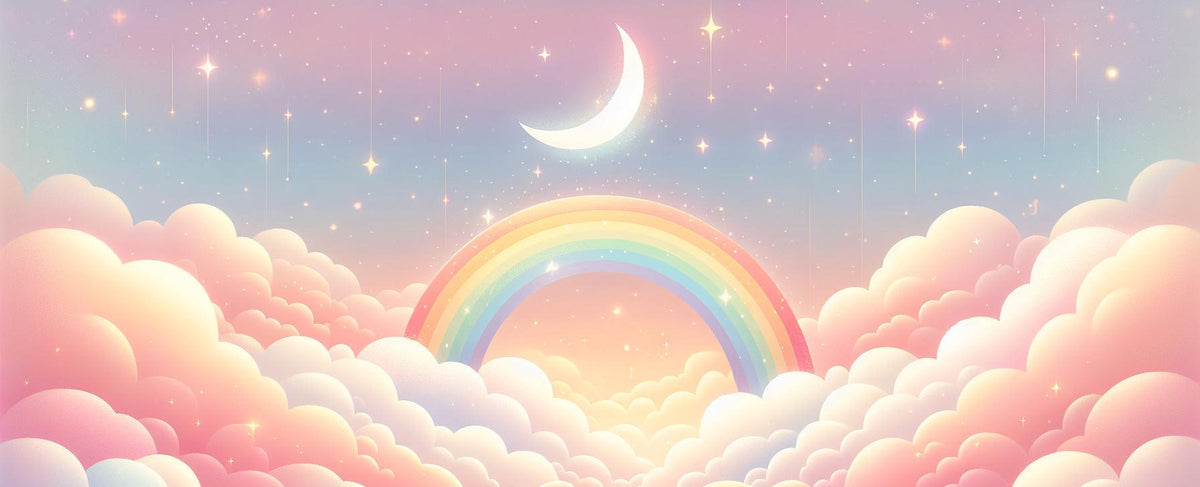 Papier peint arc-en-ciel nuages roses et étoiles