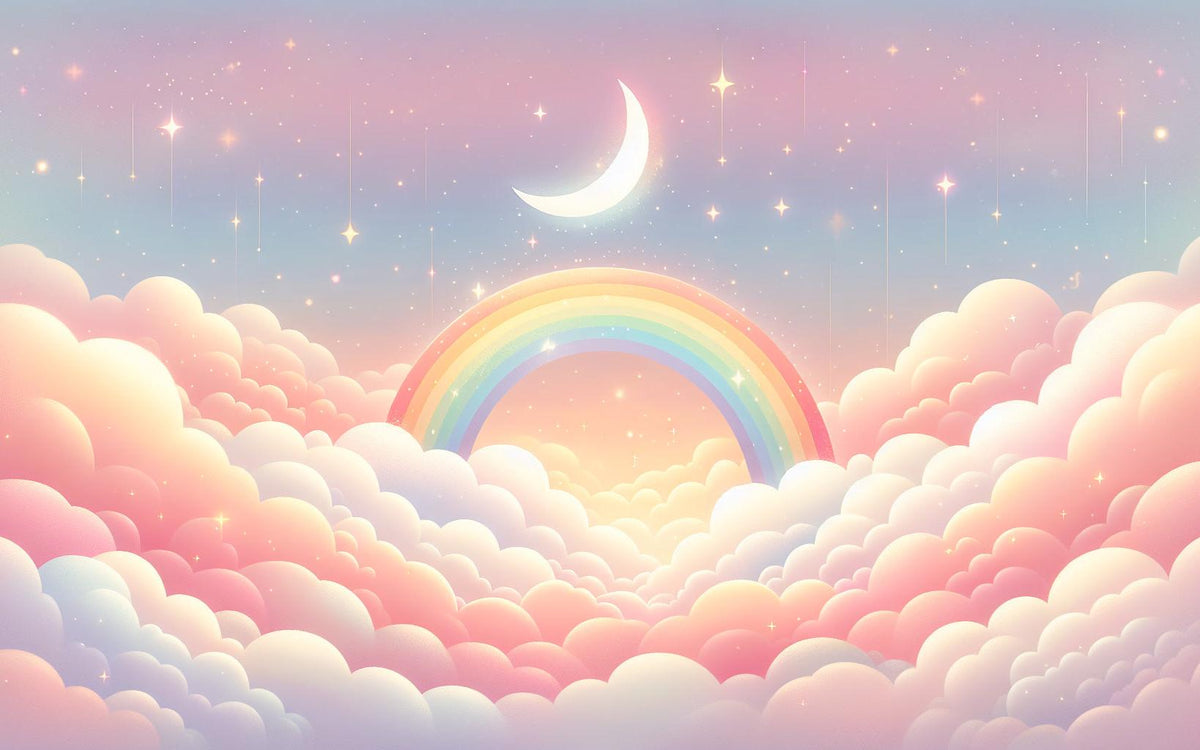 Papier peint arc-en-ciel nuages roses et étoiles