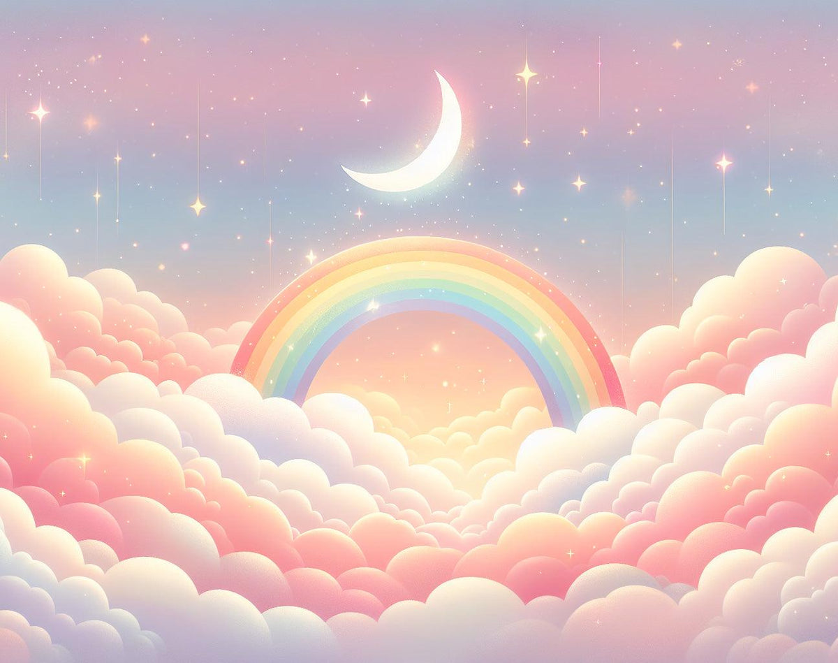 Papier peint arc-en-ciel nuages roses et étoiles