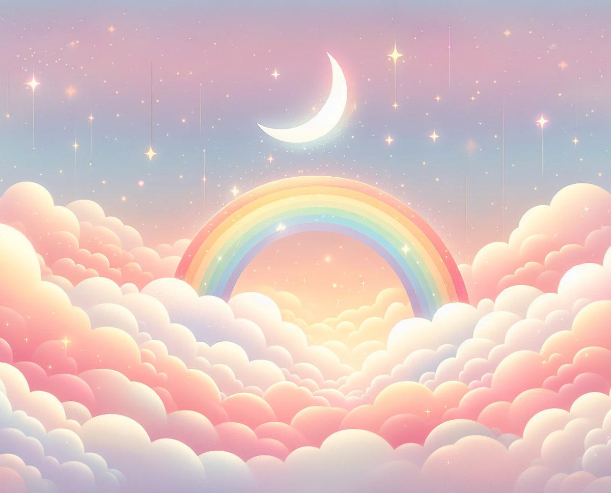 Papier peint arc-en-ciel nuages roses et étoiles
