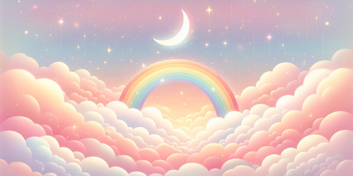 Papier peint arc-en-ciel nuages roses et étoiles
