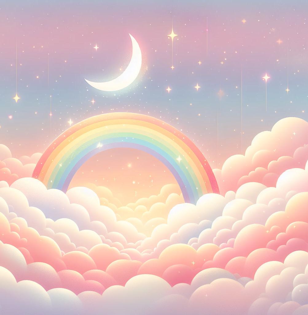 Papier peint arc-en-ciel nuages roses et étoiles